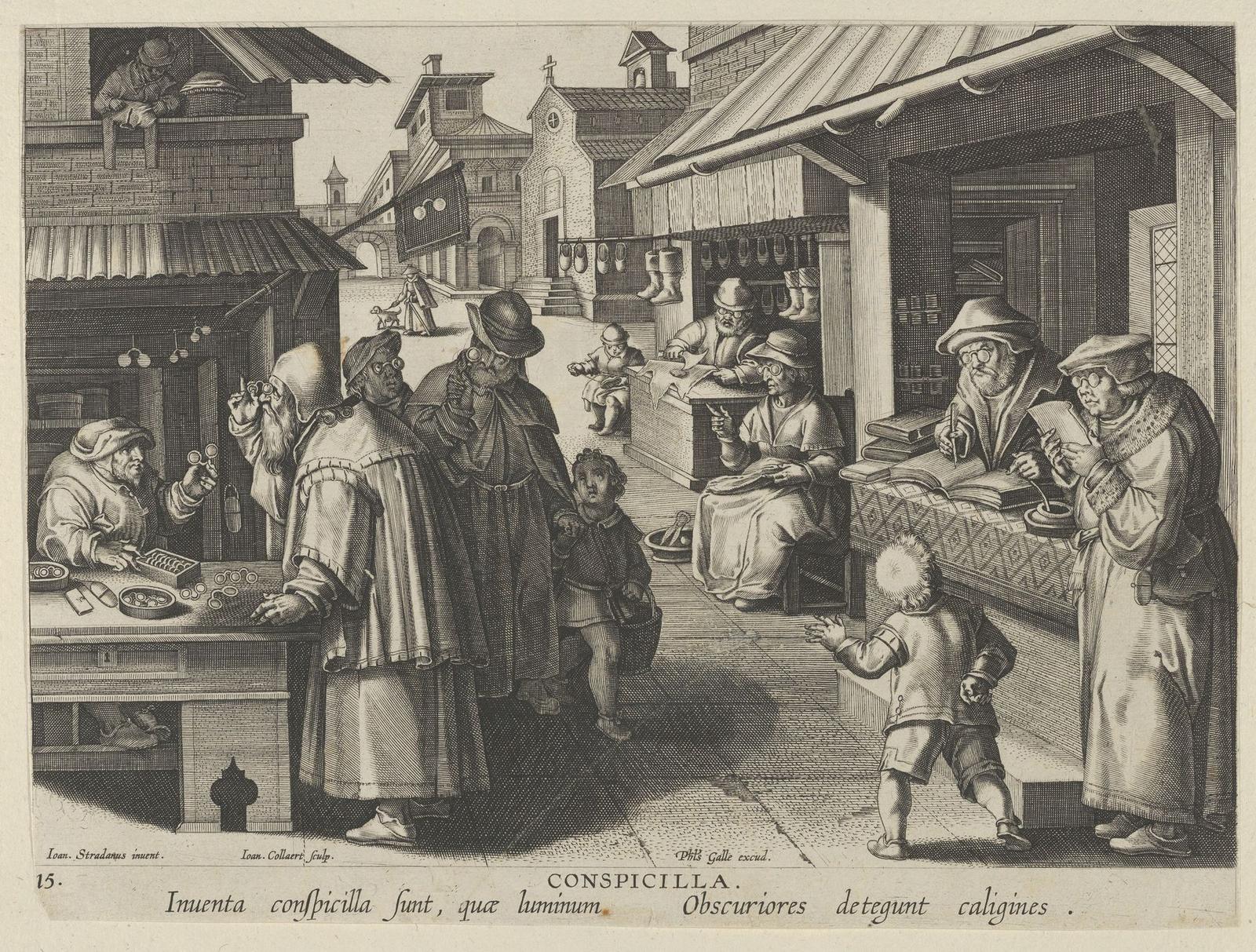 An engraved street scene with a spectacle seller at a stall of lenses; scholars, a cobbler and a seamstress nearby all wear eyeglasses to read and sew.