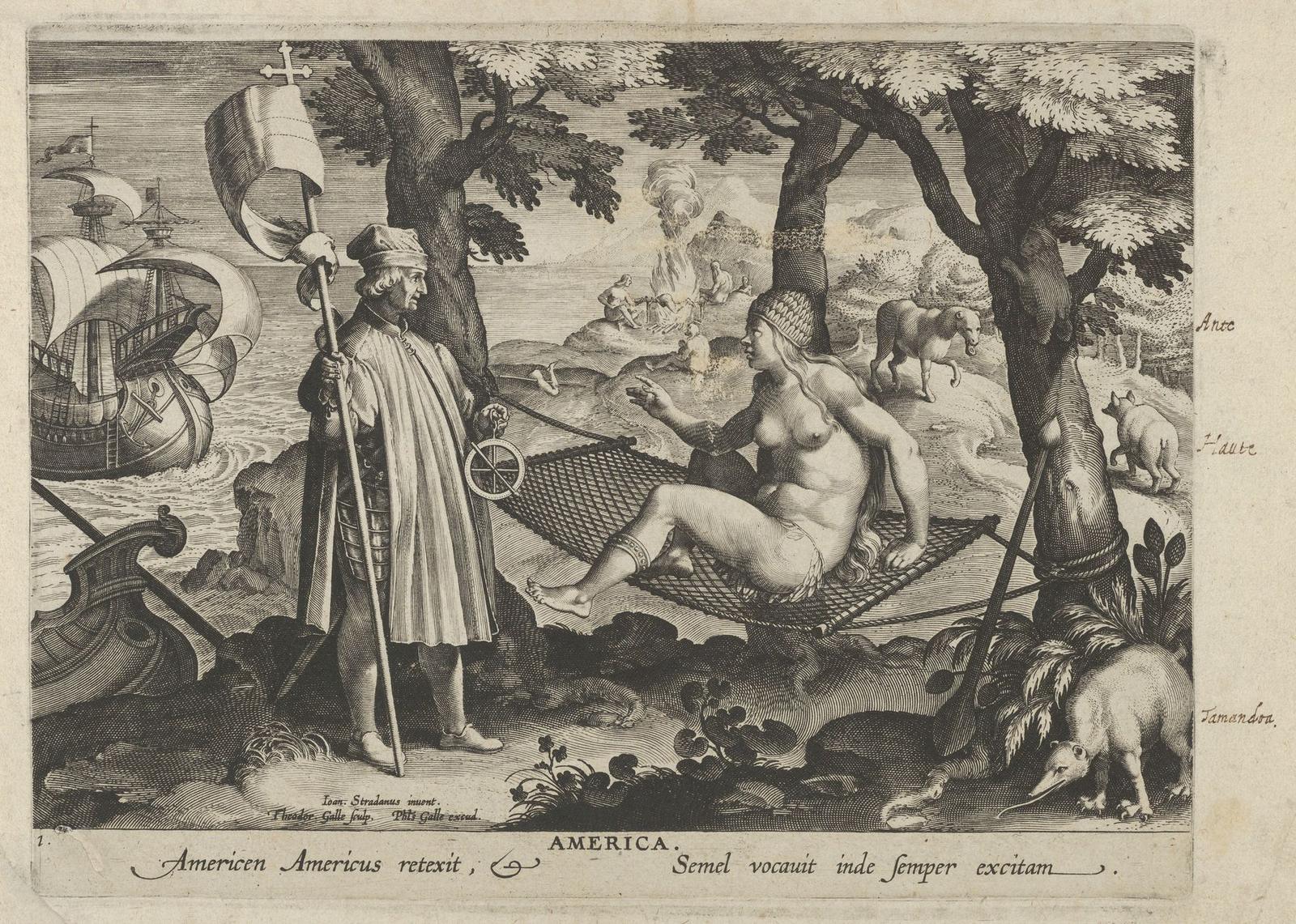 An engraving of a robed explorer with an astrolabe and a banner with a cross, standing before a nude woman in a hammock who represents America; ships lie offshore and exotic animals and a cannibal feast fill the background.