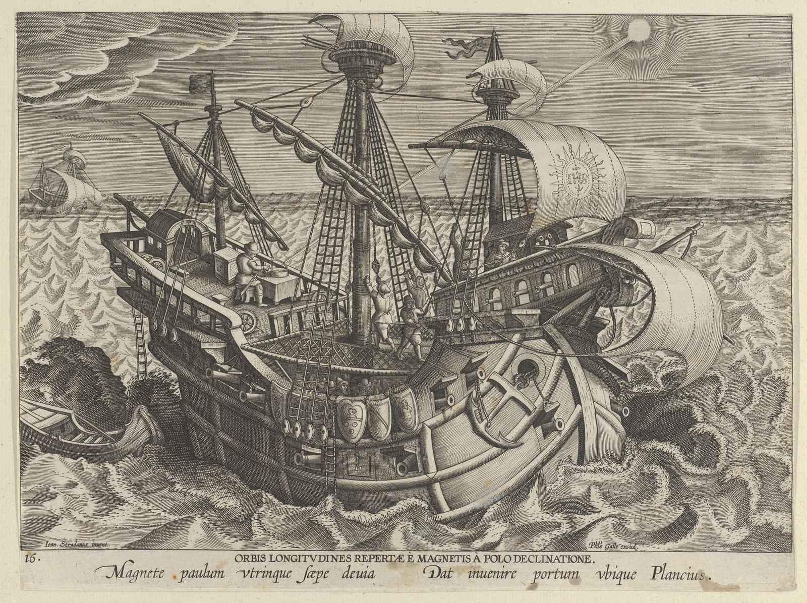 An engraving of a large three-masted sailing ship heeling in a heavy sea; on deck a navigator sits at a table with instruments under the sun, while sailors work the rigging and another ship sails in the distance.