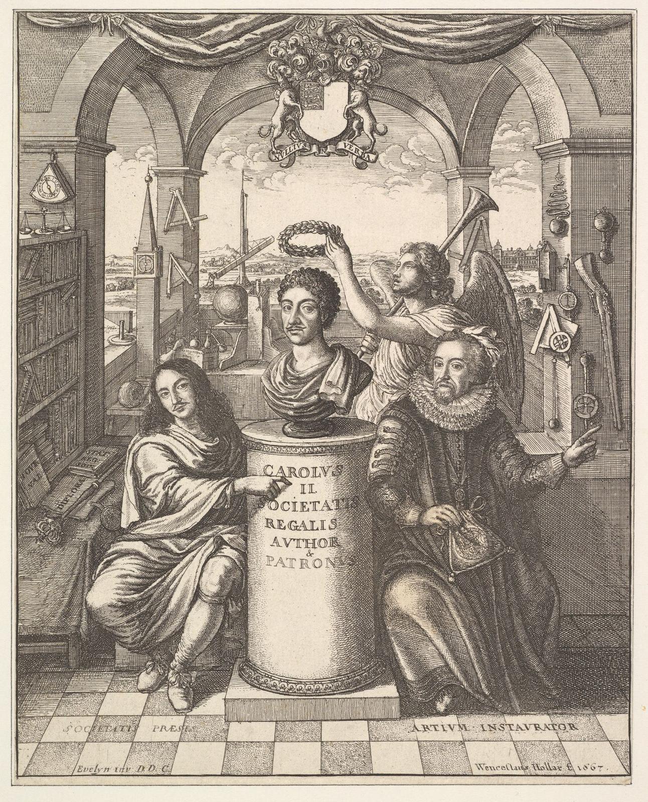 An engraved frontispiece in which two seated men flank a bust of a king on a pedestal while a winged figure crowns it; behind them, under arches, stand shelves of books, a telescope, clocks, globes and scientific instruments.