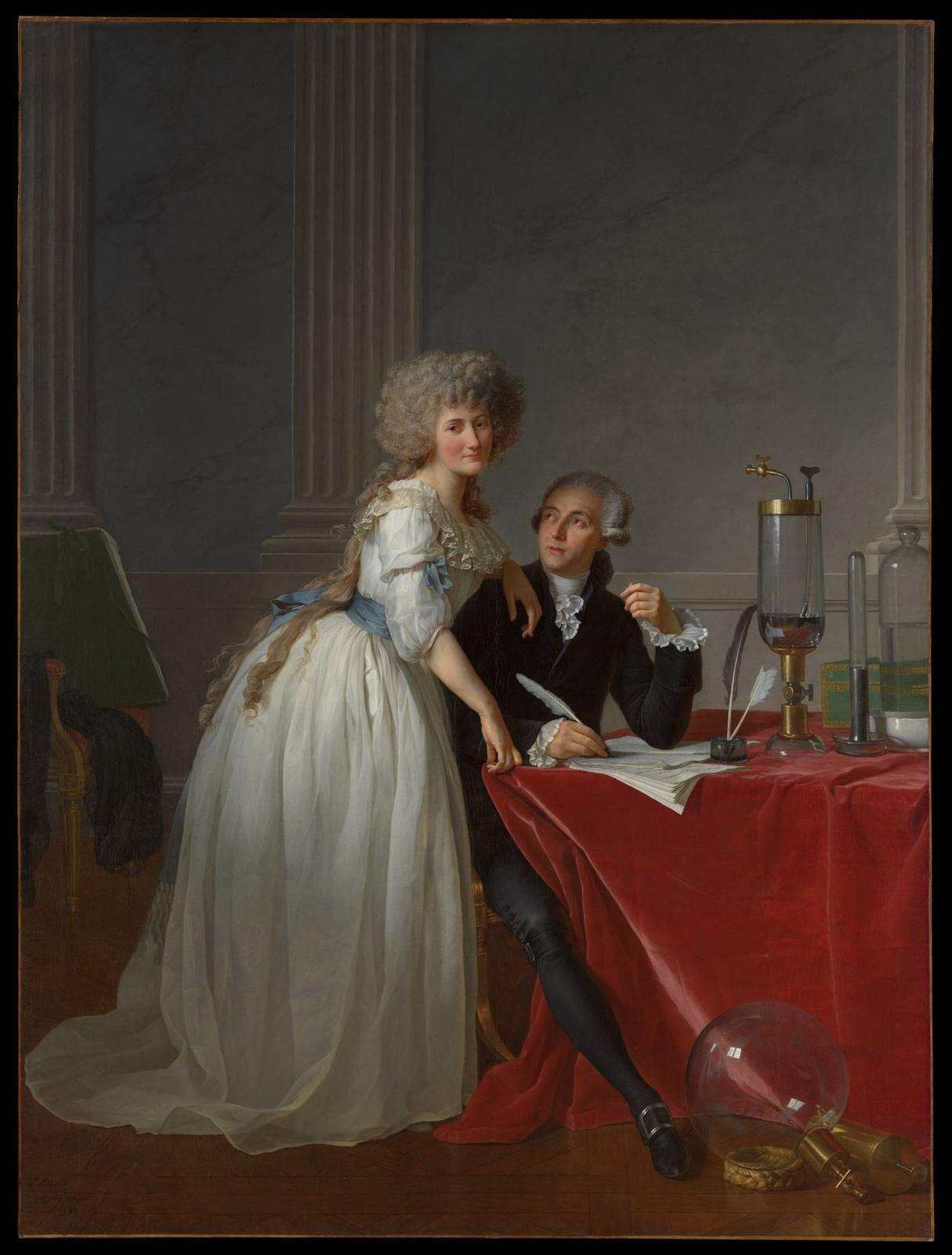 A full-length portrait of a woman in a white muslin dress leaning on the shoulder of a seated man in black who writes at a table covered in red velvet; glass flasks, a gasometer and a large glass globe stand on and beside the table.
