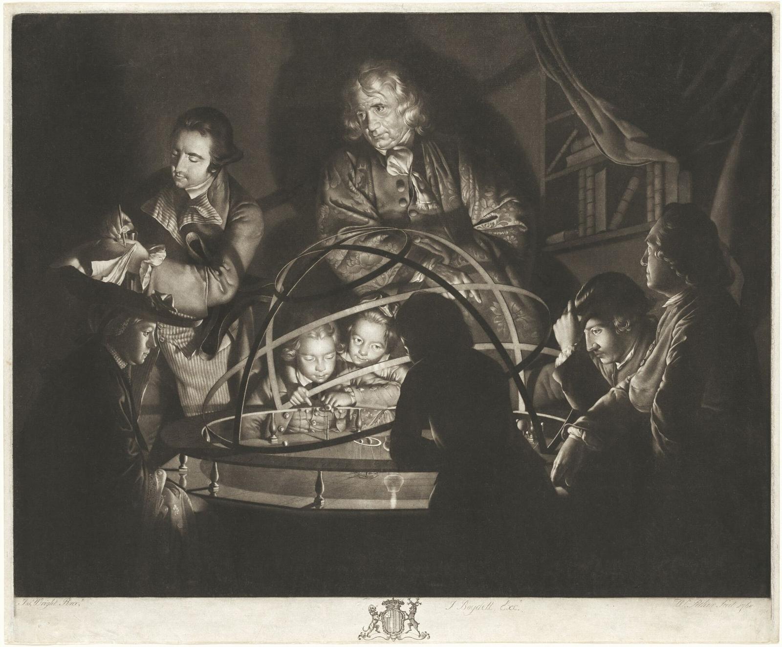 A mezzotint of a candlelit room in which a lecturer in a long gown stands over a brass orrery, a model of the planets on curved arms, while children and adults lean in, their faces lit from the centre where a lamp stands for the Sun.