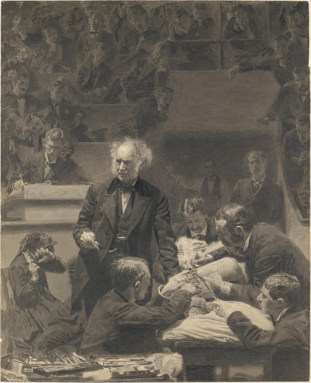 A monochrome painting of an elderly surgeon with wild grey hair standing in a dark lecture theatre with a bloody scalpel in his hand, while assistants in frock coats bend over a patient and a woman at left shields her eyes.