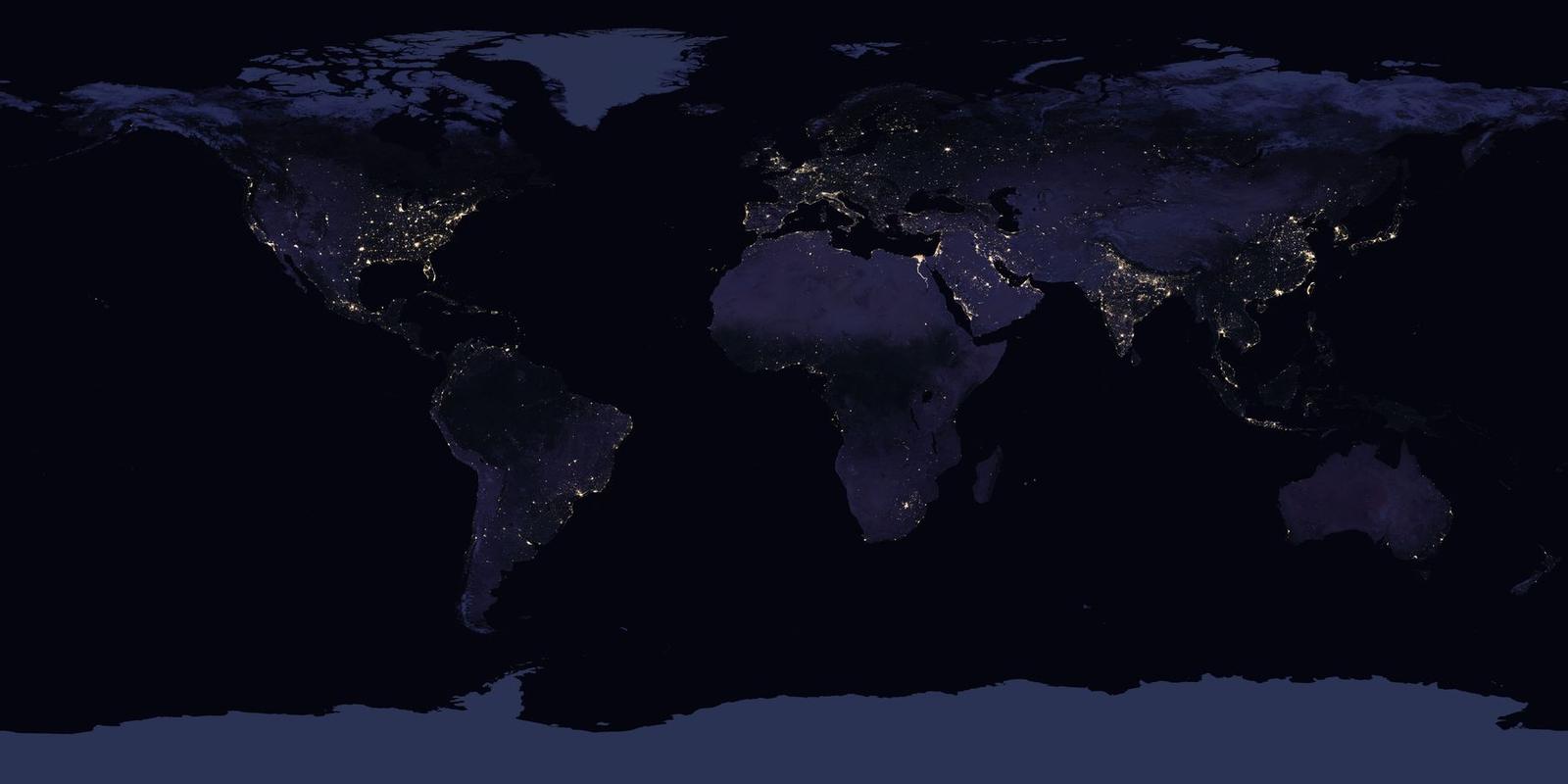 A flat map of the whole Earth at night, dark blue continents and black oceans, with bright clusters of city lights across the United States, Europe, India, China and Japan and scattered points across Africa and South America.